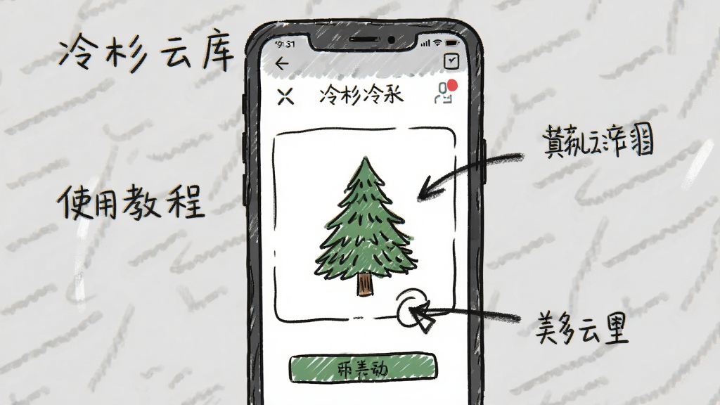 冷杉云库使用教程步骤图,手机屏幕显示操作界面,箭头指示点击位置,背景浅灰色,风格手绘,画质清晰,无多余元素