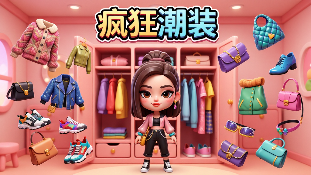 主体:《疯狂潮装》游戏主界面,展示一位时尚女性角色站在衣橱前,周围漂浮着各种潮流服饰、鞋子、包包和配饰。布局:角色居中,衣橱物品环绕四周,呈放射状排列,上方有游戏LOGO“疯狂潮装”四个大字。排版:画面饱满,物品错落有致,主次分明。风格:卡通渲染,色彩鲜艳明快,Q版人物比例,背景为温馨的粉色更衣室。细节:衣服纹理清晰,配饰有光泽感,衣橱内衣物按颜色分类排列。画质:高清细腻,干净无多余元素。