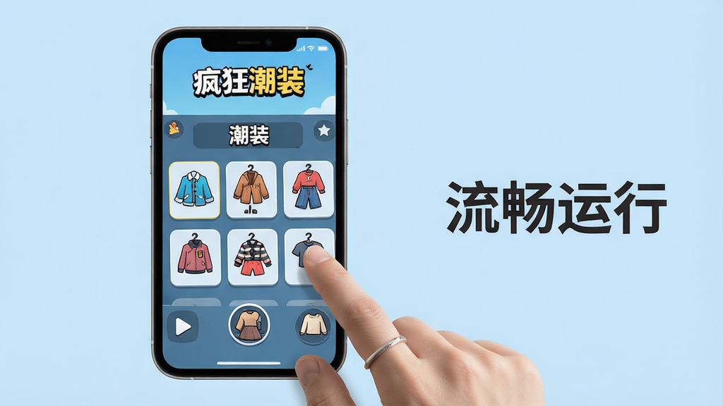 主体:《疯狂潮装》游戏运行界面,展示一位玩家正在使用手机进行搭配操作,手机屏幕中显示游戏画面。布局:手机居中,屏幕内容清晰可见,背景为简约浅蓝色。排版:重点展示手机屏幕,旁边有文字说明“流畅运行”。风格:写实与卡通结合,光线柔和。细节:手指点击屏幕,游戏画面显示服装图标,画质清晰。画质:高清,干净无多余元素。