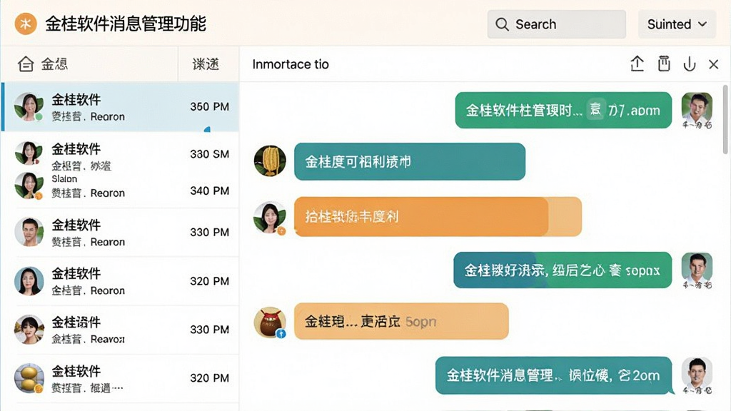 一张金桂软件消息管理功能界面截图,左侧是会话列表,右侧是聊天窗口,顶部有搜索和筛选按钮,消息气泡以不同颜色区分重要程度,整体布局清晰,界面明亮,画质干净,无多余元素
