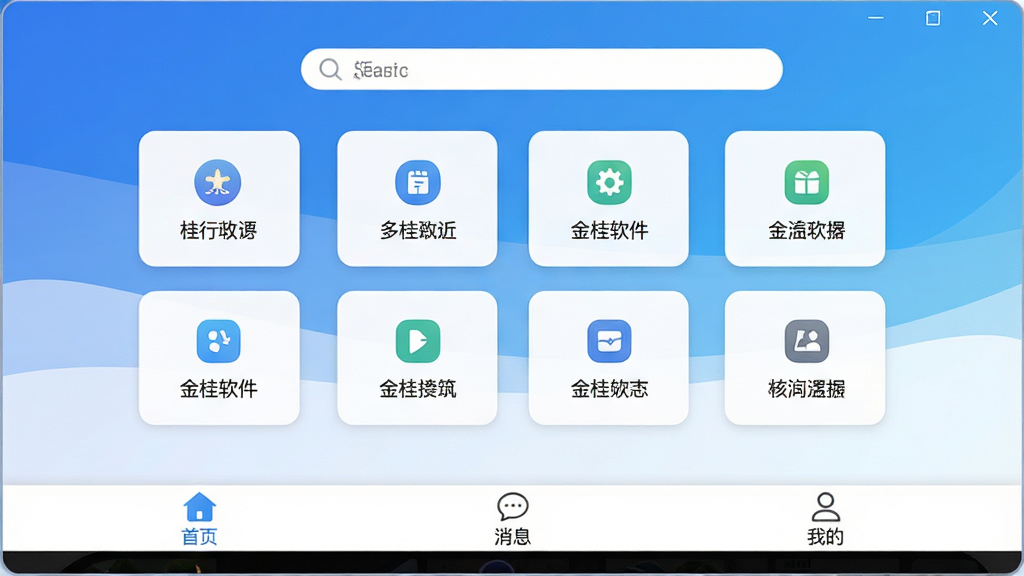 一张展示金桂软件主界面的高清截图,界面采用蓝白渐变色调,顶部有搜索栏,中间是功能图标网格排列,底部导航栏包含首页、消息、我的等按钮,整体风格简洁现代,画质清晰,干净无多余元素