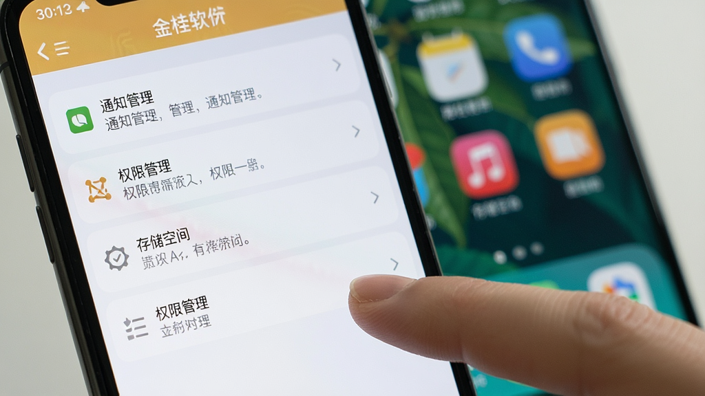 一张手机屏幕显示金桂软件设置界面的截图,包含通知管理、权限管理、存储空间等选项,用户手指正在点击“权限管理”,背景是模糊的手机桌面,画面生动自然,画质高清,干净无多余元素