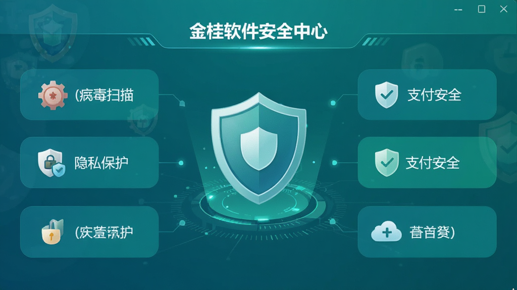 一张金桂软件安全中心界面截图,盾牌图标位于中央,周围环绕着病毒扫描、隐私保护、支付安全等选项,整体色调以蓝绿色为主,科技感强,画质干净,无多余元素