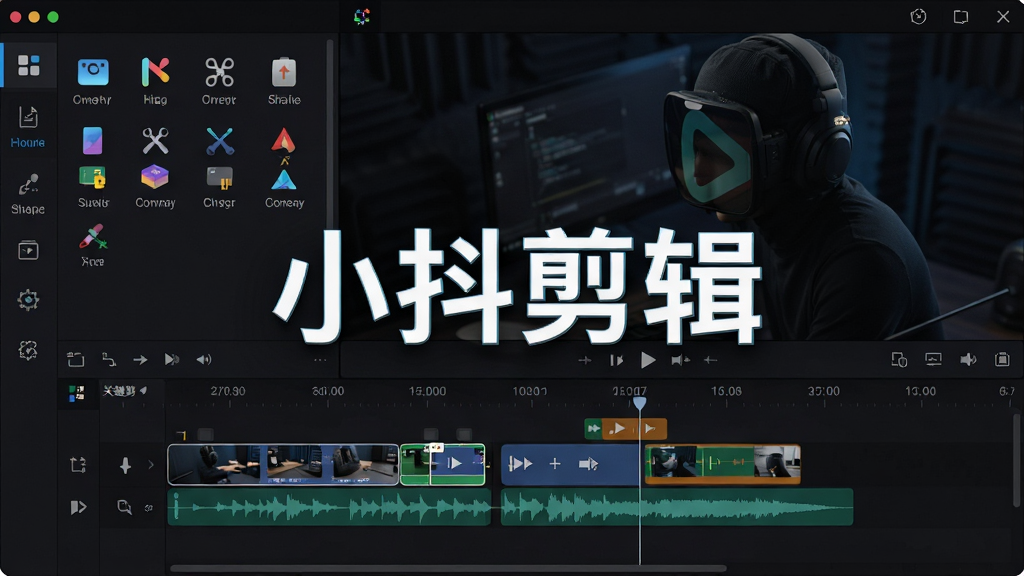 主体:小抖剪辑专业剪辑界面,展示多轨道时间线和剪辑工具图标,画面中央有“小抖剪辑”字样。布局:时间线位于屏幕下方,上方为预览画面,左侧为工具菜单。排版:功能分区明确,工具图标排列整齐。风格:专业简洁,深色主题,科技感强。细节:显示音频波形、关键帧标记和多种编辑工具。画质:高分辨率,细节清晰,无多余元素。