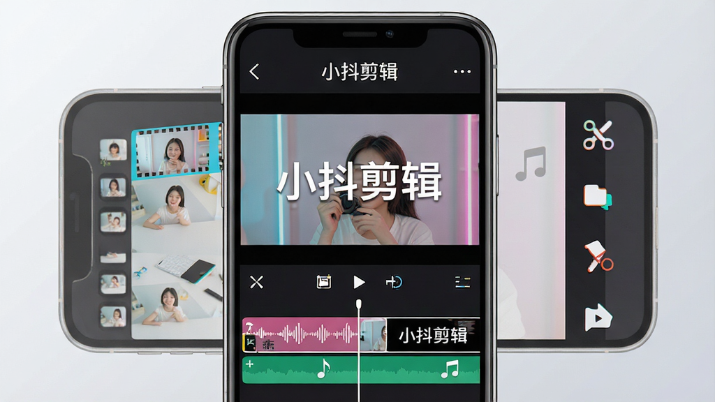 主体:小抖剪辑软件界面展示,手机屏幕中显示剪辑时间轴和预览画面,画面中有“小抖剪辑”字样和多种剪辑工具图标。布局:手机居中,界面清晰展示功能按钮和操作区域,背景为淡灰色渐变。排版:简洁直观,突出软件名称和核心功能图标。风格:现代科技感,色彩明亮,扁平化设计。细节:屏幕中显示视频片段、音乐波形和文字特效,画面干净无多余元素。画质:高清渲染,细节丰富,干净无多余元素。