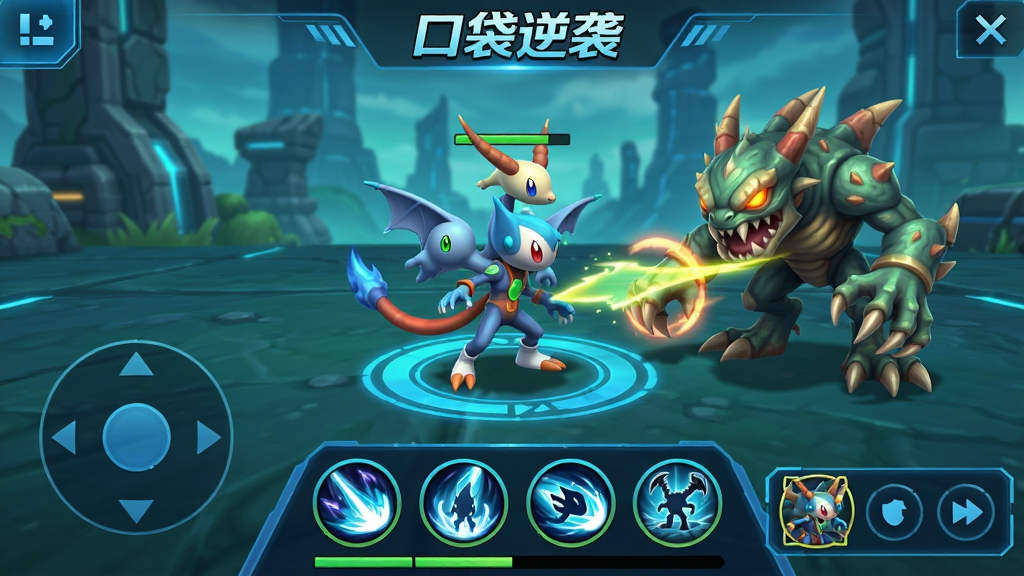 《口袋逆袭》游戏实战操作界面,画面中央是玩家的精灵正在与野怪对战,下方UI显示四个技能按钮与精灵切换栏,左侧有虚拟摇杆。界面布局紧凑,按钮图标清晰,技能有冷却高亮效果。整体风格科幻感强,色彩明亮,突出游戏的操作感与实时反馈,画质清晰流畅,无多余文字。