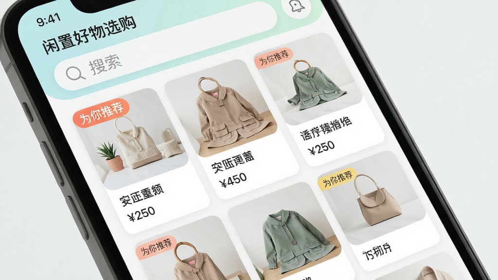 主体:闲置好物选购APP的智能匹配功能界面,手机屏幕上展示推荐商品卡片,布局:上方为搜索栏,下方为商品瀑布流,排版:卡片式布局,每个卡片包含商品图、名称和价格,风格:清新简约,色彩柔和,细节:商品图片清晰,推荐标签如“为你推荐”突出显示,画质:高清,干净,无多余元素