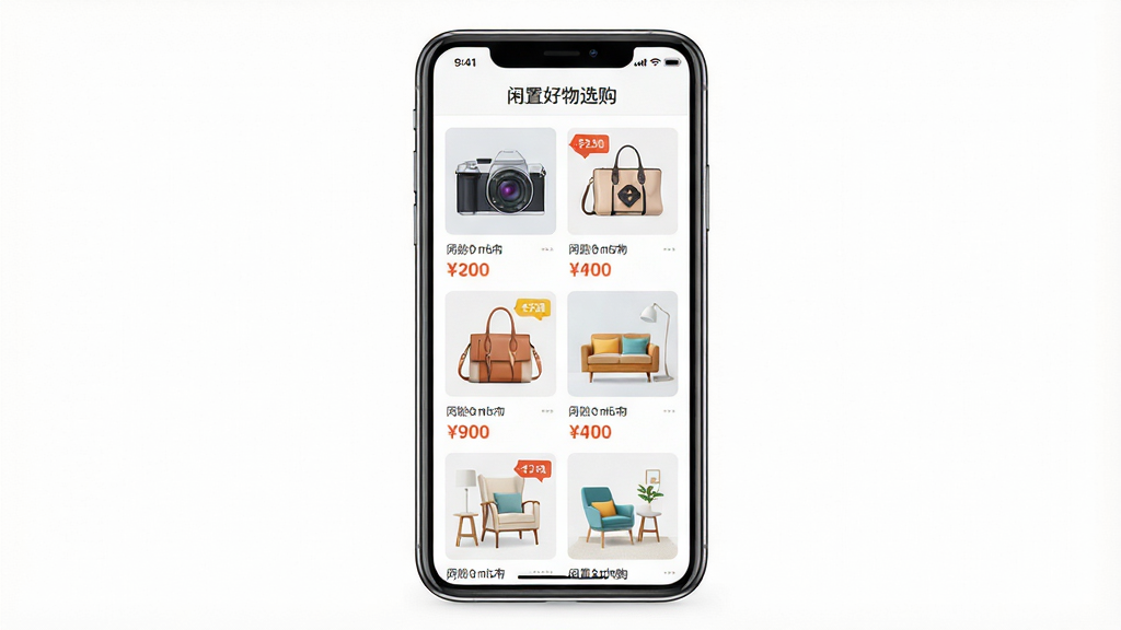 主体:闲置好物选购APP界面展示,手机屏幕内显示商品列表,包含各类二手物品如数码相机、时尚包包、家居小物等,布局:手机居中,屏幕内容清晰可见,周围留白,排版:简洁明快,突出APP名称“闲置好物选购”字样,风格:现代扁平化设计,色彩清新明亮,细节:商品图片精美,价格标签醒目,画质:高清,干净,无多余元素