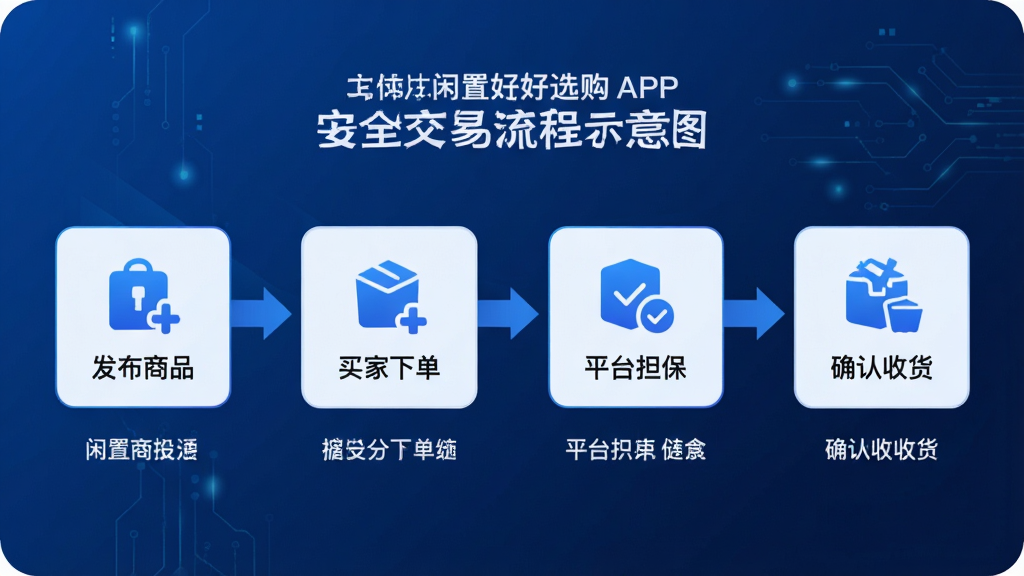 主体:闲置好物选购APP的安全交易流程示意图,布局:流程图从左到右展示发布商品、买家下单、平台担保、确认收货四个步骤,排版:步骤清晰,图标简洁,风格:商务科技感,蓝色为主色调,细节:每一步骤下方有简短说明文字,画质:高清,干净,无多余元素