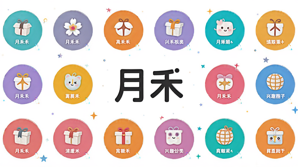月禾兴趣圈子页面,展示多个圆形图标代表不同兴趣分类,中间有“月禾”字样,色彩明快,布局清晰,风格现代,细节丰富,画质干净