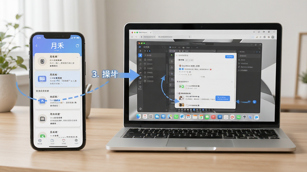 月禾使用教程配图,展示手机和电脑同步使用的场景,画面清晰,标注“月禾”操作步骤,布局合理,风格写实,画质高,无多余元素