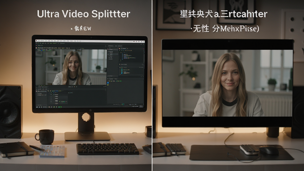 Ultra Video Splitter无损分割功能展示图,左右对比原始视频与分割后视频的画面细节,突出画质无损失,背景为工作台场景,电脑屏幕显示软件操作界面,光线柔和,细节丰富,干净无多余元素