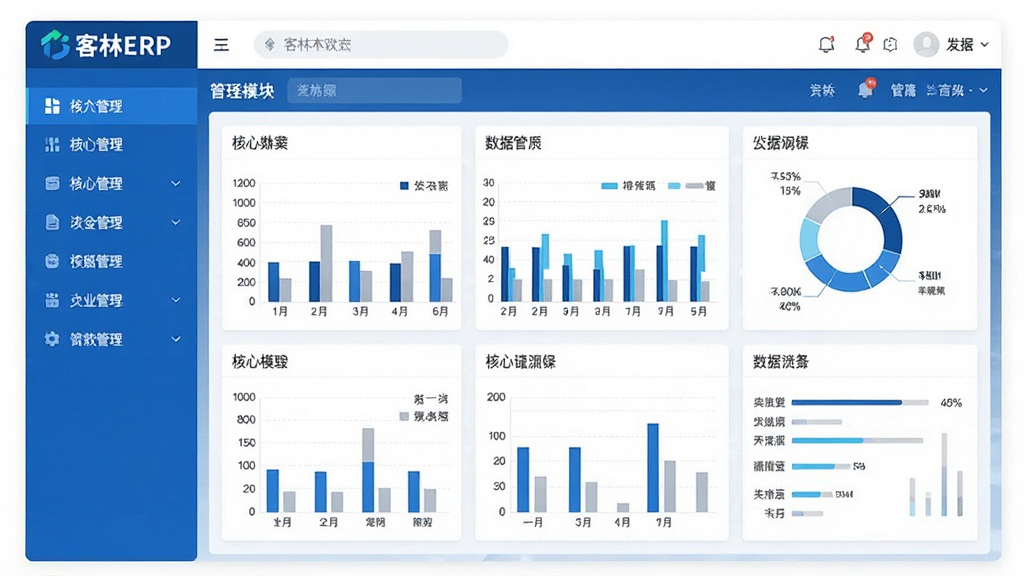 客林ERP软件主界面截图,展示仪表盘数据看板与左侧功能菜单栏,布局简洁现代,色调以蓝白为主,画面干净无多余元素,画质高清,突出“客林ERP”品牌标识与核心管理模块。