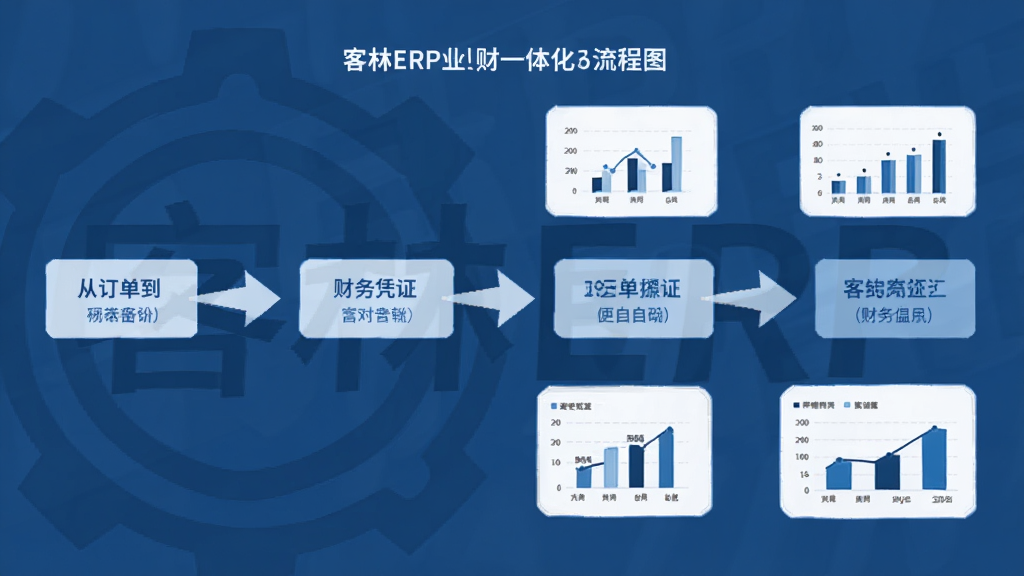 客林ERP业财一体化流程图,展示从订单到财务凭证的自动流转过程,配以简洁的箭头和数据图表,风格扁平化,蓝色系为主,画面干净专业,带有“客林ERP”字样水印,画质清晰。