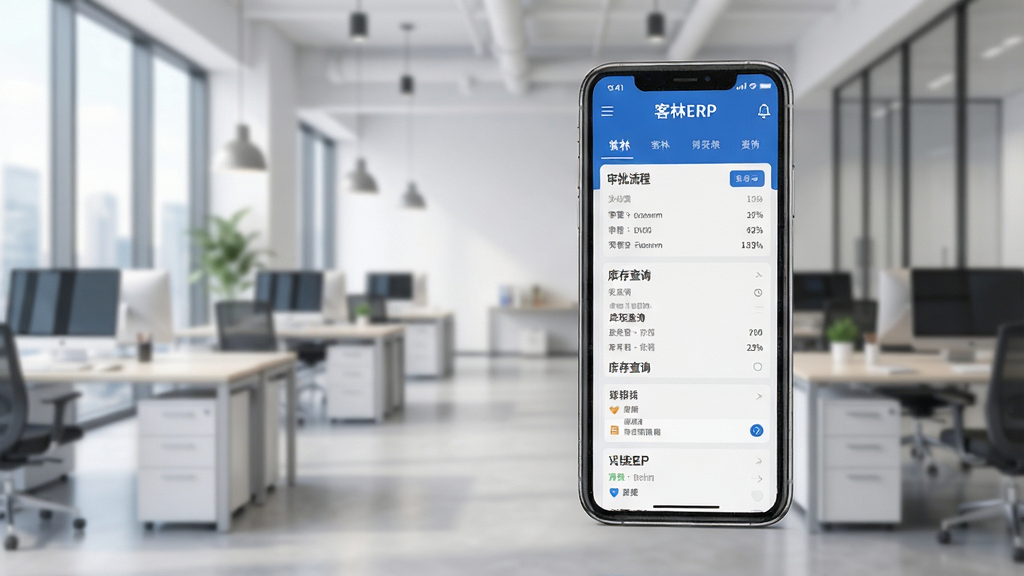 客林ERP移动端APP界面设计,展示手机屏幕中的审批流程与库存查询页面,背景为现代化办公室场景,界面设计简洁时尚,蓝色主题色,突出“客林ERP”品牌名,画质干净无多余元素。
