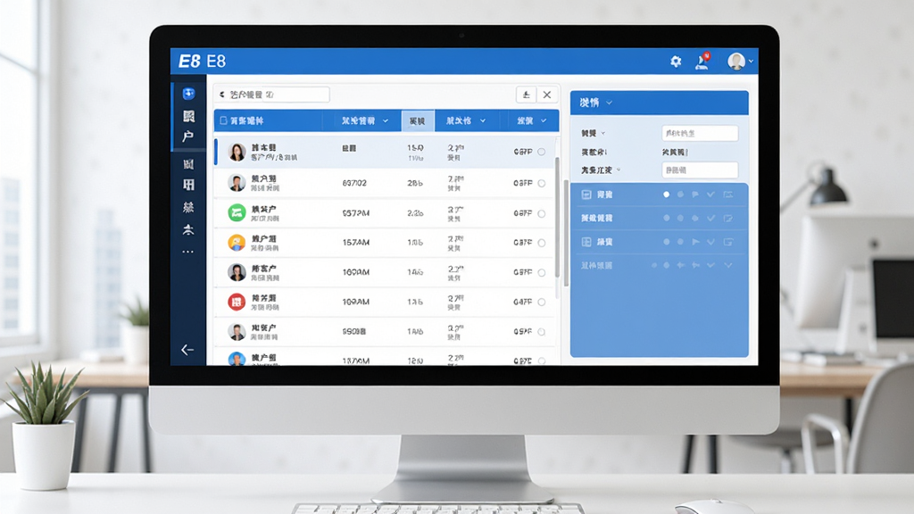 主体为E8客户管理软件在电脑屏幕上的界面展示,布局清晰,左侧客户列表,右侧详情面板,整体风格现代简约,蓝色主色调,画质干净,无多余元素