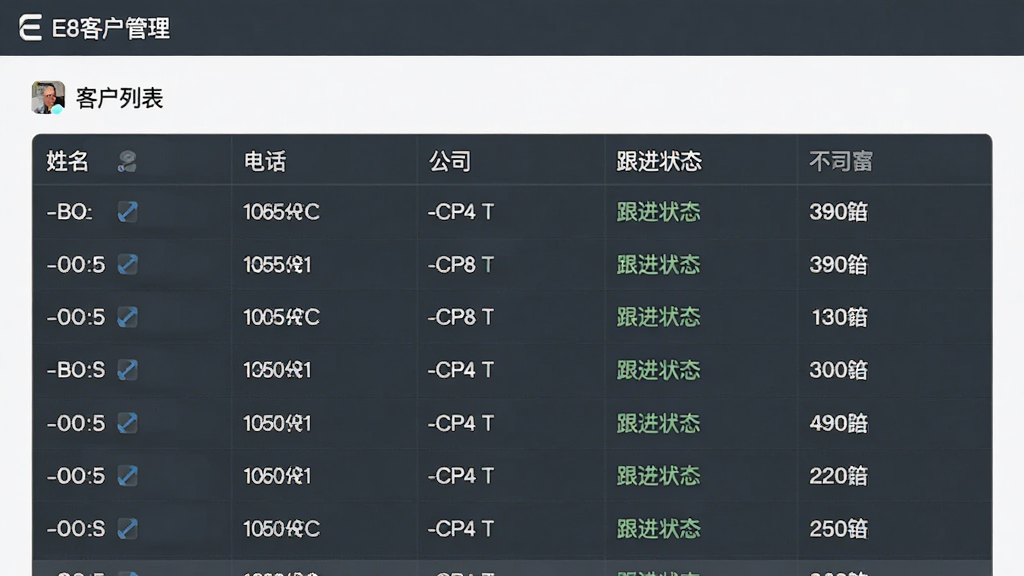 展示E8客户管理软件的客户列表界面,表格形式呈现,包含姓名、电话、公司、跟进状态等列,背景简洁,排版整齐,文字清晰,画质干净,无多余元素