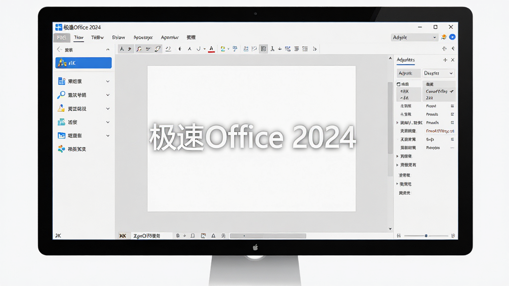 主体:极速Office 2024主界面在电脑屏幕上展示,布局:左侧功能侧边栏,中间白色编辑区域,右侧属性面板,排版:清晰简洁,风格:现代扁平化设计,细节:屏幕中显示
