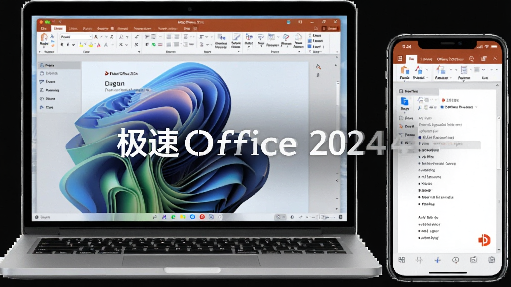 主体:一台笔记本电脑和一部手机同时显示极速Office 2024软件界面,布局:左右分布,排版:对称,风格:写实摄影,细节:屏幕中清晰显示文档内容与软件菜单,文字