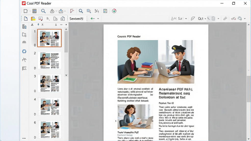一张干净整洁的电脑桌面,屏幕上正打开着Cool PDF Reader软件界面,显示一份图文并茂的PDF文档,软件窗口简洁明亮,左侧是缩略图导航栏,右侧是清晰的文档内容,整体风格清爽专业,高清画质,无多余元素
