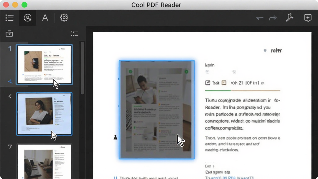 Cool PDF Reader软件界面局部,显示左侧缩略图面板和右侧文档内容,鼠标指针悬停在某一页缩略图上,高亮显示,界面布局清晰,功能图标简洁,现代扁平化设计,画质清晰,背景干净