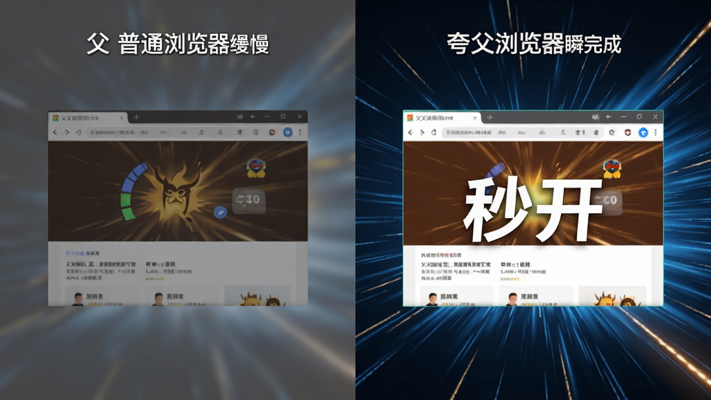夸父浏览器极速加载网页的对比图,左边是普通浏览器加载缓慢,右边是夸父浏览器瞬间完成,页面显示