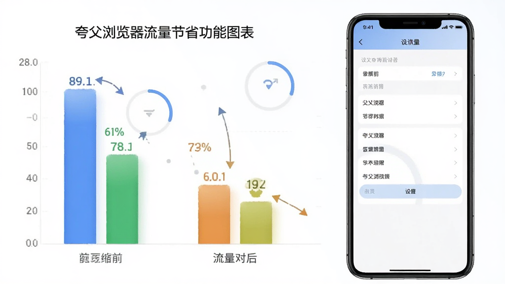 夸父浏览器流量节省功能图表,显示压缩前后的流量对比柱状图,旁边有手机屏幕展示设置界面,整体风格简洁明亮,数据可视化清晰,画质干净无多余元素