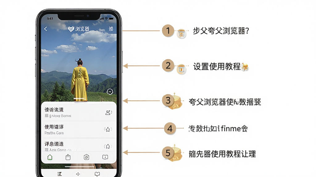 夸父浏览器使用教程步骤图,手机屏幕显示设置界面,旁边有步骤序号标注,背景为白色,风格简洁明了,画质干净,无多余元素