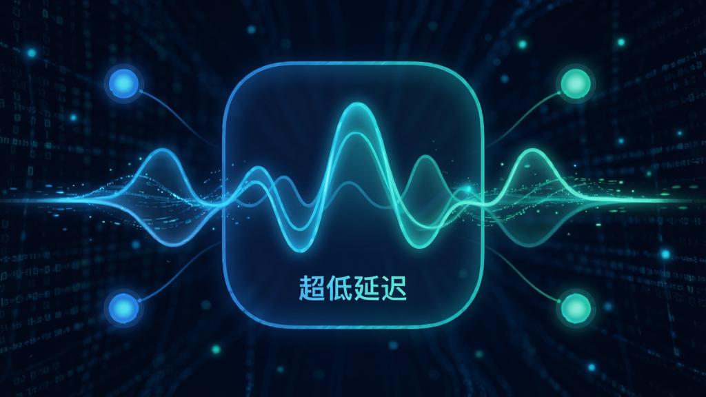 主体:嘻嘻开黑语音引擎的抽象图标,背景为高速网络数据流,低延迟波形显示。布局:中心对称,波形图为主体,周围环绕网络节点。排版:科技感数字界面,波形线条流畅。风格:未来感,蓝绿色调,数据流动效果。细节:标注“超低延迟”字样,波形圆润,背景有微弱光点。画质:高清,干净,无多余元素。