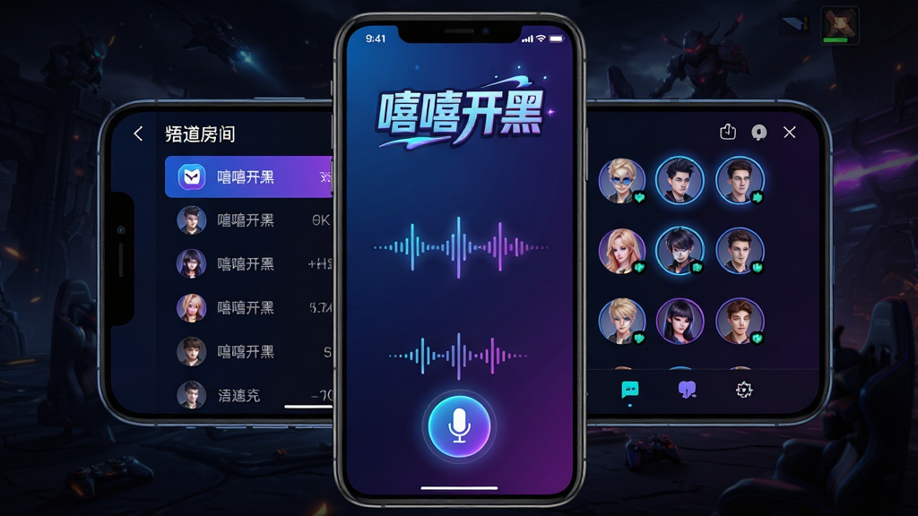 主体:嘻嘻开黑软件界面在游戏手机上的全屏展示,背景是炫酷的暗色游戏场景,界面显示“嘻嘻开黑”logo和语音房间列表。布局:手机居中,界面清晰,左侧为频道列表,右侧为成员头像,底部有麦克风按钮。排版:简洁现代,信息层级分明。风格:科技感与游戏感结合,高饱和对比色,蓝紫渐变光效。细节:麦克风图标高亮,波形动画,头像框发光,标题文字“嘻嘻开黑”使用艺术字。画质:8k超清,干净,无多余元素。