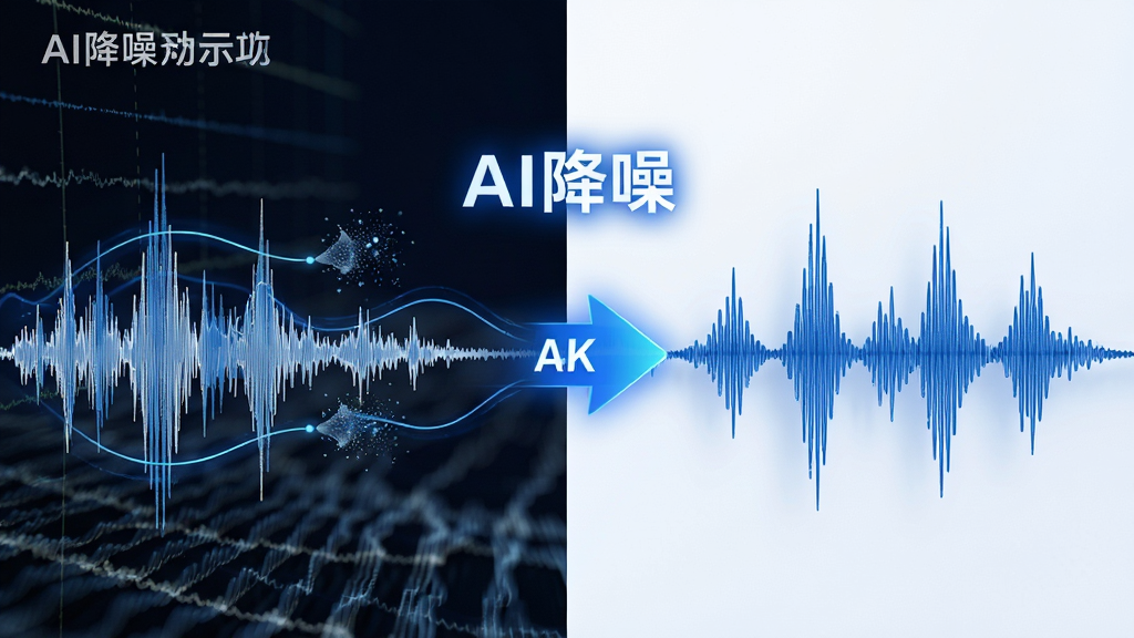主体:嘻嘻开黑软件内AI降噪功能示意图,展示噪音被过滤的动态效果。布局:左右分屏,左侧为嘈杂波形,右侧为干净波形,中间有过滤箭头。排版:对比鲜明,标注“AI降噪”字样。风格:简约科技风,蓝白色调,动态线条。细节:波形图细腻,有微小粒子被拦截,背景干净。画质:4k,干净,无多余元素。