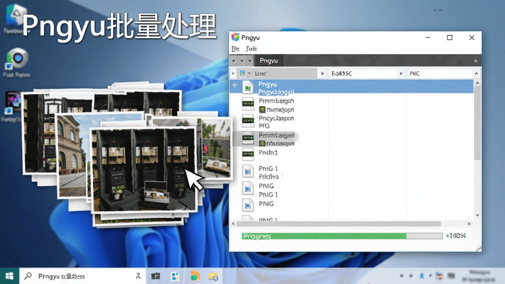 一张动态效果图,展示多张PNG图片文件被鼠标拖拽至Pngyu软件窗口的过程,窗口内显示文件列表与压缩进度条,背景为简洁的桌面环境,画面流畅,细节丰富,文字标注