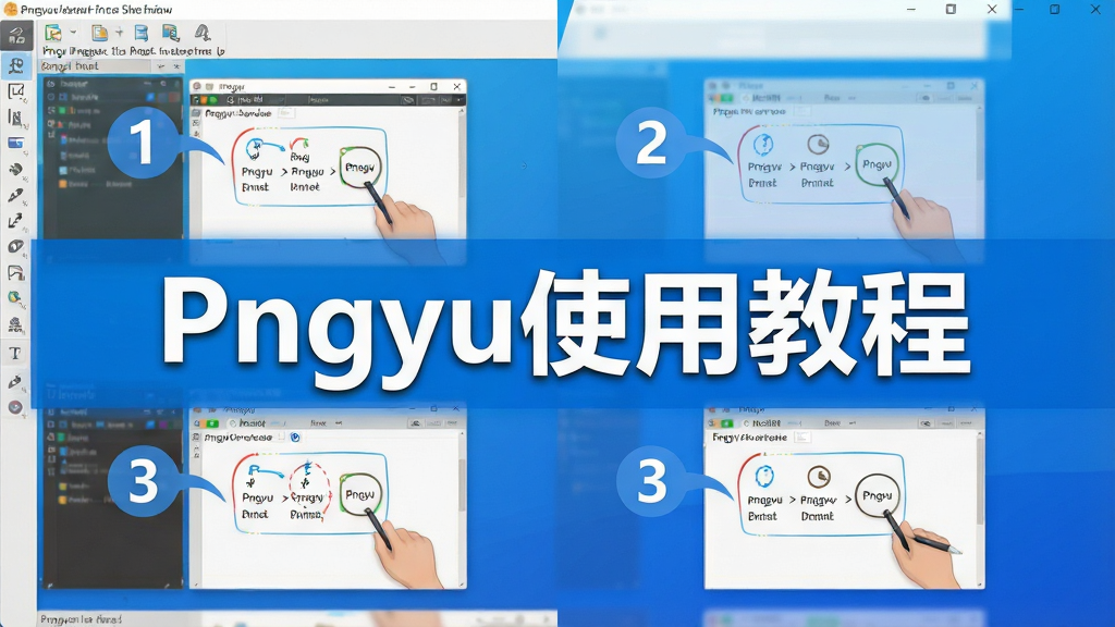 一张教程截图,展示Pngyu软件操作步骤,界面清晰标注步骤编号,背景为干净的蓝色渐变,文字标注