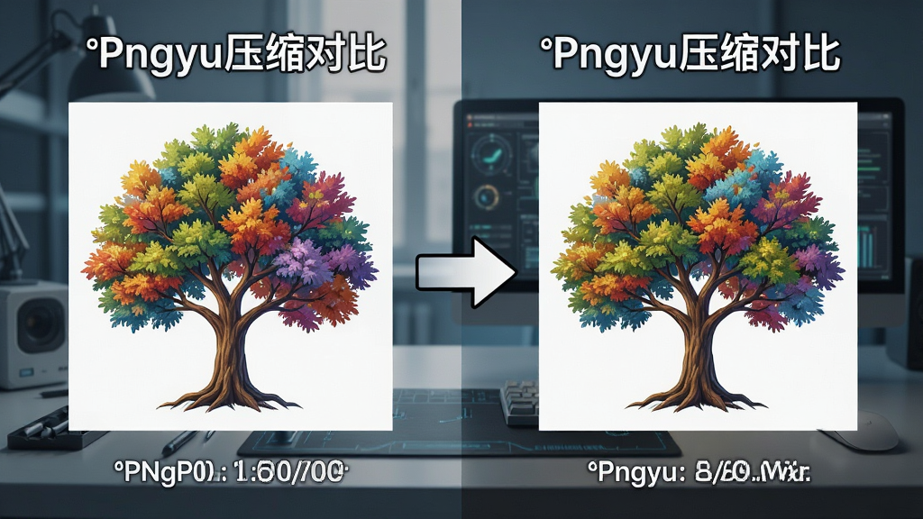 一张并排对比图,左侧为原始PNG图片文件大小显示,右侧为Pngyu压缩后的图片文件大小显示,中间用箭头连接,背景为现代科技感的工作台,图片主体为一棵色彩丰富的树木,细节清晰,画质干净,无多余元素,文字标注
