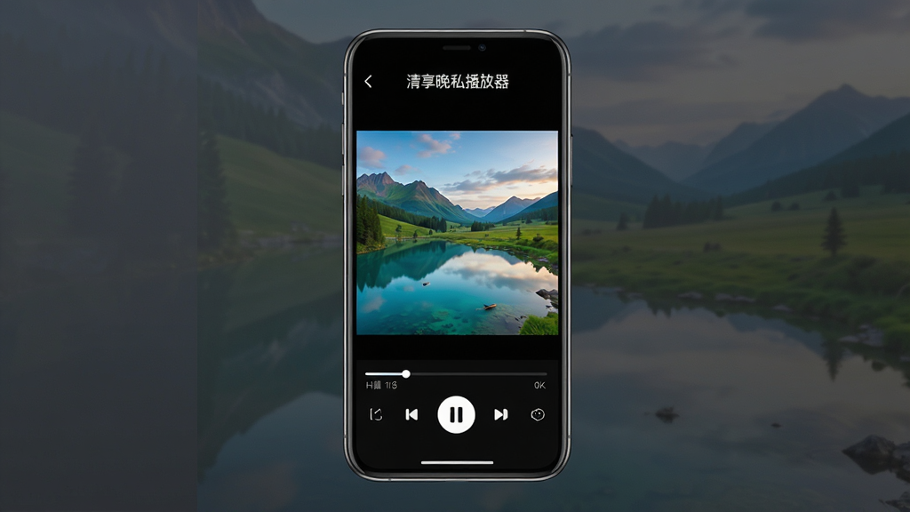 主体:一款名为“清享晚私播放器”的智能手机应用界面,屏幕中正在播放一部高清自然风光影片,画面色彩鲜艳。布局:手机居中,界面显示播放器控制栏与视频画面,周围有淡雅的深色背景。排版:屏幕中可见“清享晚私播放器”字样及播放进度条。风格:现代简洁,科技感,高清渲染。细节:界面按钮清晰,播放画面细腻,光线柔和。画质:8K超清,干净,无多余元素。