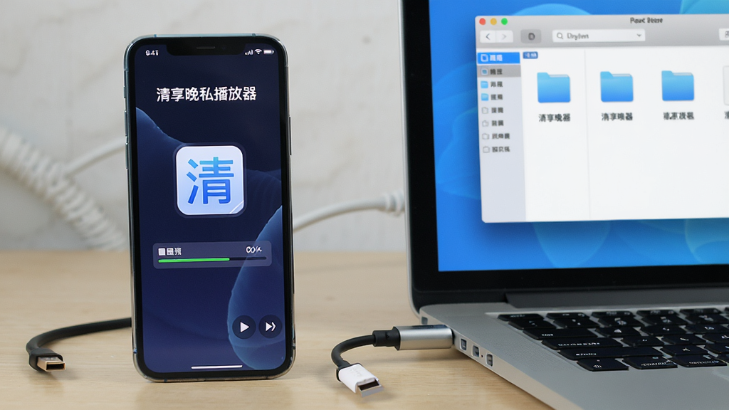 主体:一部智能手机正在播放“清享晚私播放器”的界面,旁边有数据线连接电脑,表示文件传输。布局:手机与电脑并排,屏幕上有文件复制进度条。排版:手机屏幕显示“清享晚私播放器”主界面,电脑屏幕显示文件管理窗口。风格:实用,生活化。细节:数据线可见,界面图标清晰。画质:高清,干净,无多余元素。