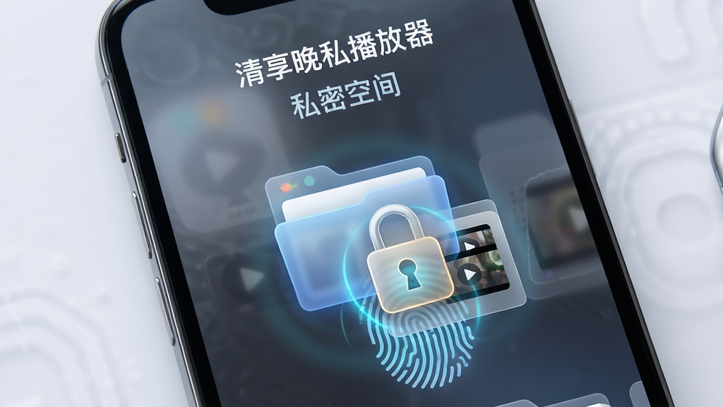 主体:“清享晚私播放器”的私密保险柜界面,显示加密文件夹图标和指纹验证图案。布局:手机屏幕中央,文件夹图标与锁形图案重叠,背景为磨砂质感。排版:界面有“清享晚私播放器”字样和“私密空间”标题。风格:科技感,神秘,安全。细节:指纹扫描光效,文件夹内部有视频缩略图。画质:高清,干净,无多余元素。