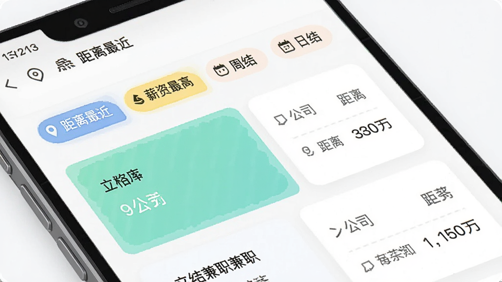 立结兼职APP的岗位筛选界面,屏幕上有多个筛选选项如“距离最近”、“薪资最高”、“周结”、“日结”等标签,下方是列表形式的岗位卡片,卡片上有岗位名称、公司名称、距离和薪资信息,界面简洁,采用卡片式设计,画质清晰,配色舒适,无多余元素