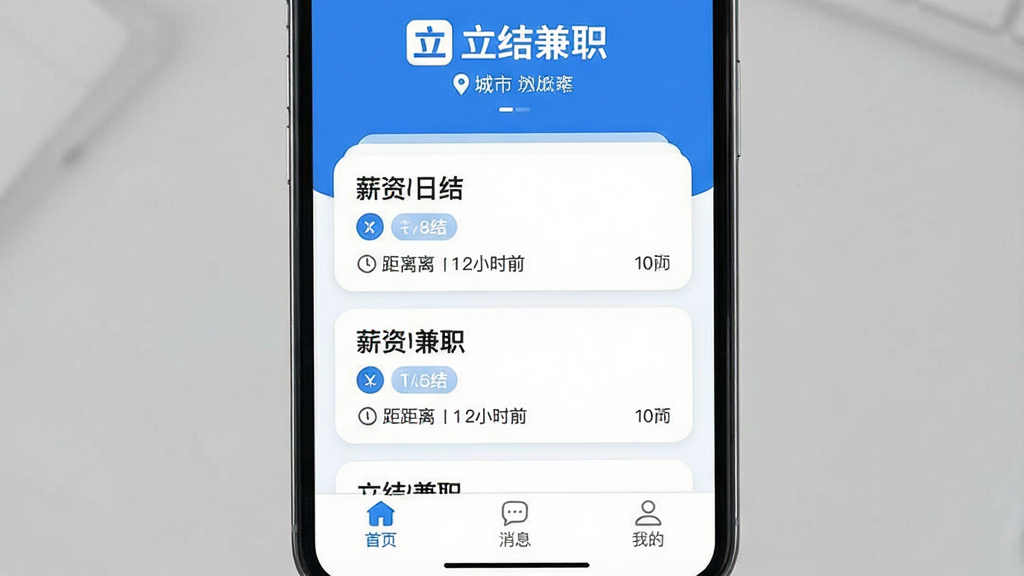 一张智能手机屏幕展示立结兼职APP的主界面,界面顶部显示“立结兼职”品牌Logo和定位城市,中间为兼职岗位信息流卡片,每张卡片清晰展示岗位名称、薪资日结图标、距离和发布时间,底部导航栏有首页、消息、我的三个选项卡,整体UI设计采用清爽的蓝白配色,卡片圆角化,布局简洁明了,画质清晰干净,无多余元素