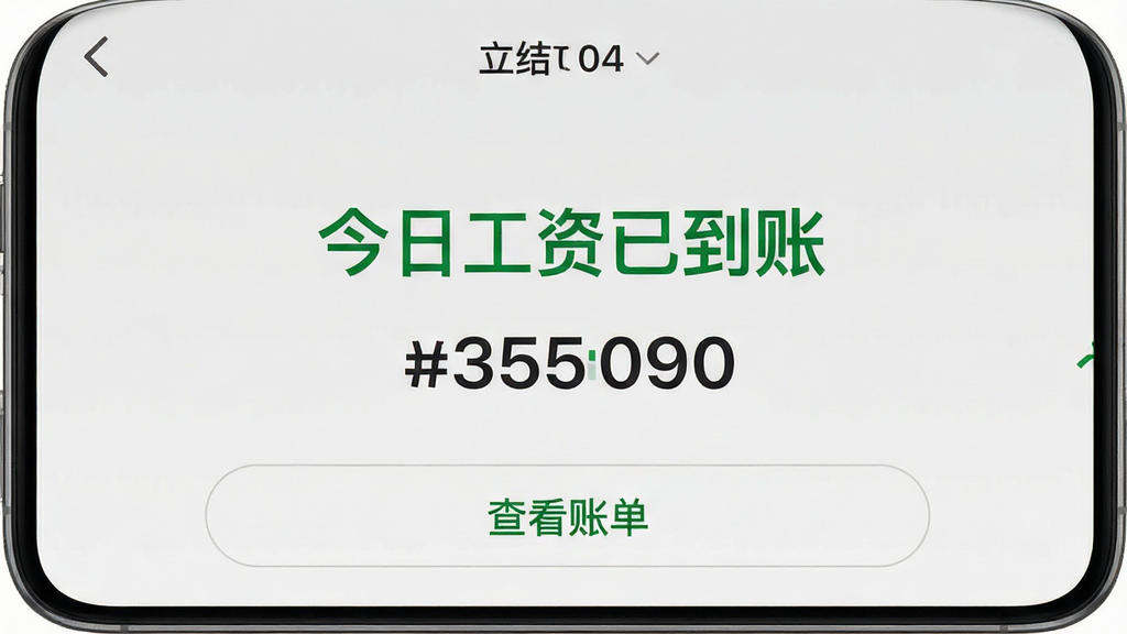 一张手机截图展示立结兼职的工资结算页面,页面中央显示“今日工资已到账”绿色大字和具体金额,下方有“查看账单”按钮,背景为浅灰色,整体风格简洁明了,突出到账提醒,画质干净无多余元素