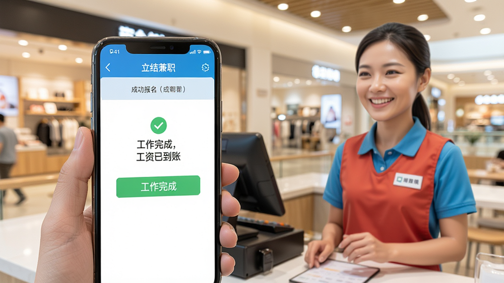 一张用户使用立结兼职APP成功报名并完成工作的场景,画面展示手机屏幕上显示“工作完成,工资已到账”的提示,旁边有一张笑脸的收银员形象,背景是商场或餐厅的工作环境,整体风格写实,色彩明亮,画质清晰干净,无多余元素