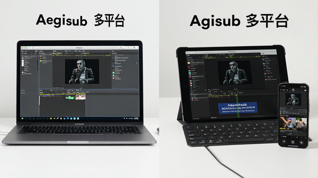 展示Aegisub在电脑端和移动端设备上的操作对比图,左侧为笔记本运行Aegisub界面,右侧为平板连接键盘操作场景,界面显示字幕编辑状态,标注“Aegisub 多平台”字样,风格清晰,高画质,干净无多余元素