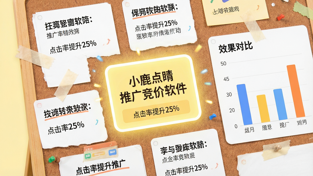 主体:一个画板上面展示着多条广告创意卡片,每张卡片有标题与描述,中间一张被点亮标注“小鹿点睛推广竞价软件”。布局:画板占据主视觉,右侧有“效果对比”柱状图。排版:卡片错落有致,点亮的卡片置于视觉焦点。风格:明亮简洁的UI风格,背景为淡黄色。细节:卡片上显示“点击率提升25%”等字样。画质:高清,干净,无多余元素。