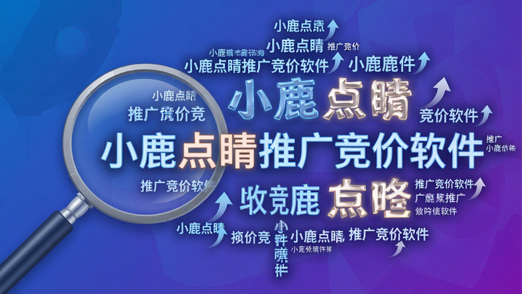 主体:一个放大镜正在扫描由大量关键词组成的云图,云图中央突出“小鹿点睛推广竞价软件”字样。布局:放大镜位于左侧,关键词云图占据右侧三分之二区域,呈发散状排列。排版:关键词字体大小不一,热门词更大更亮。风格:科技感插画风,蓝紫渐变背景。细节:部分关键词带有上升箭头图标,代表增长趋势。画质:高清,干净,无多余元素。