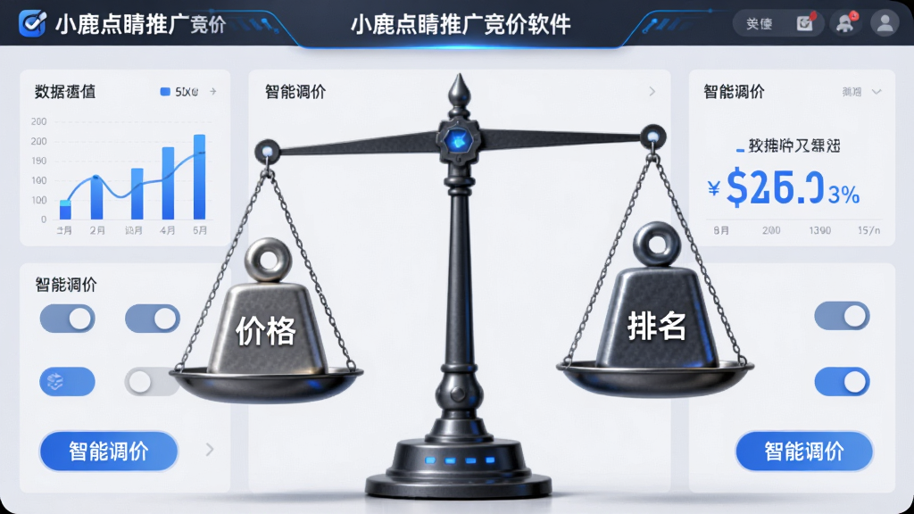 主体:一个天平两端分别放着“价格”与“排名”两个砝码,背景是“小鹿点睛推广竞价软件”的控制面板。布局:天平位于画面中央,左右两侧分布着数据图表与开关按钮。排版:界面元素整齐,重点数据用醒目数字标出。风格:商务科技风,浅灰色背景搭配蓝色线条。细节:天平趋于平衡,按钮呈现“智能调价”状态。画质:高清,干净,无多余元素。