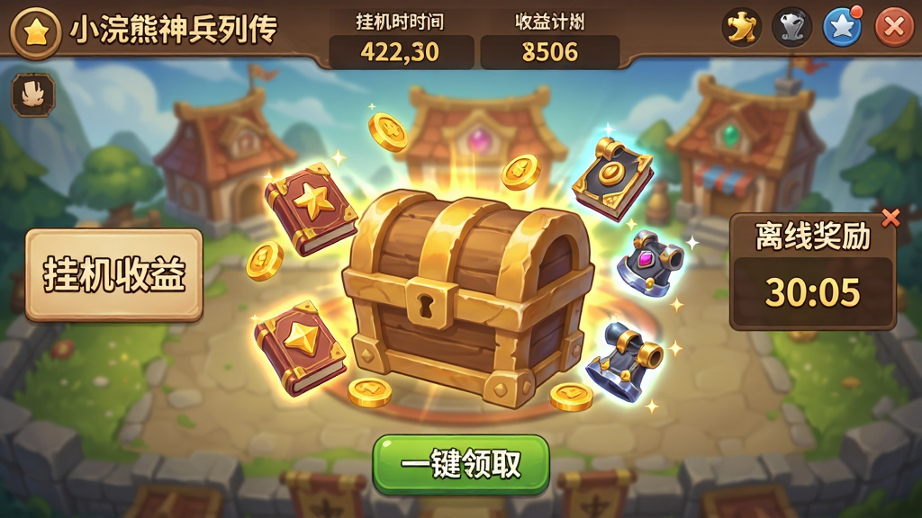 一张展示游戏挂机收益界面的图片,主体为“小浣熊神兵列传”的主城界面,中央有一个巨大的宝箱,周围漂浮着金币、经验书和装备光效。布局为纵向构图,上方显示挂机时长和收益数字,下方有“一键领取”按钮。排版上左侧有“挂机收益”的提示框,右侧有“离线奖励”的倒计时。风格为卡通UI风格,色彩温暖明亮,细节丰富,画质高清,干净无多余元素。