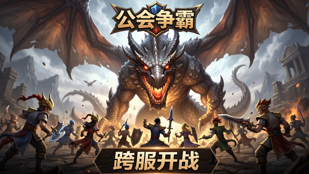 一张展示公会战的宣传原画,主体为“小浣熊神兵列传”中多个玩家公会联盟与巨型BOSS战斗的场景,BOSS是一只巨大的远古巨龙。布局为广角构图,玩家角色在画面下方集结,BOSS占据画面上方。排版上顶部有“公会争霸”的LOGO,底部有“跨服开战”的标语。风格为CG级渲染,光影效果强烈,画面充满张力,画质高清,干净无多余元素。