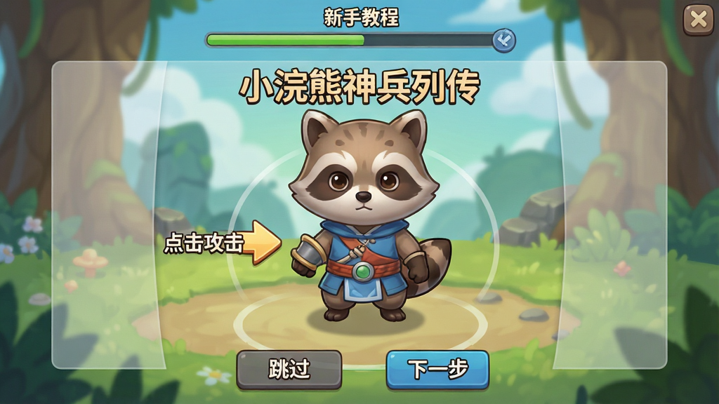 一张展示游戏新手引导界面的截图,主体为“小浣熊神兵列传”的游戏界面,中央有一个穿着新手装备的小浣熊形象,旁边有“点击攻击”的指引箭头。布局为UI教学场景,四周有半透明的遮罩。排版上底部有“跳过”和“下一步”按钮,顶部有“新手教程”的进度条。风格为游戏实机截图,画风Q萌,色彩清新,细节清晰,画质高清,干净无多余元素。
