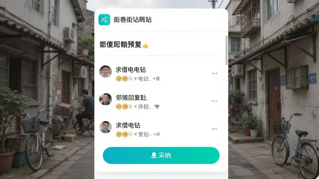 街巷街坊帮功能预览,展示一条求助帖“求借电钻”,下方有邻居回复列表与采纳按钮,界面以白色为底,功能按钮高亮,风格简约,逻辑清晰,画质干净,无多余元素