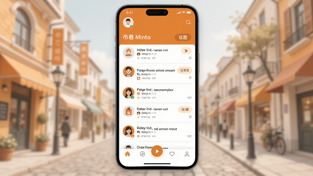街巷软件主界面预览图,展示附近动态信息流、底部导航栏、用户头像与话题标签,扁平化设计风格,主色调为暖橙色与白色,界面干净整洁,布局清晰,细节丰富,画质高清,无多余元素